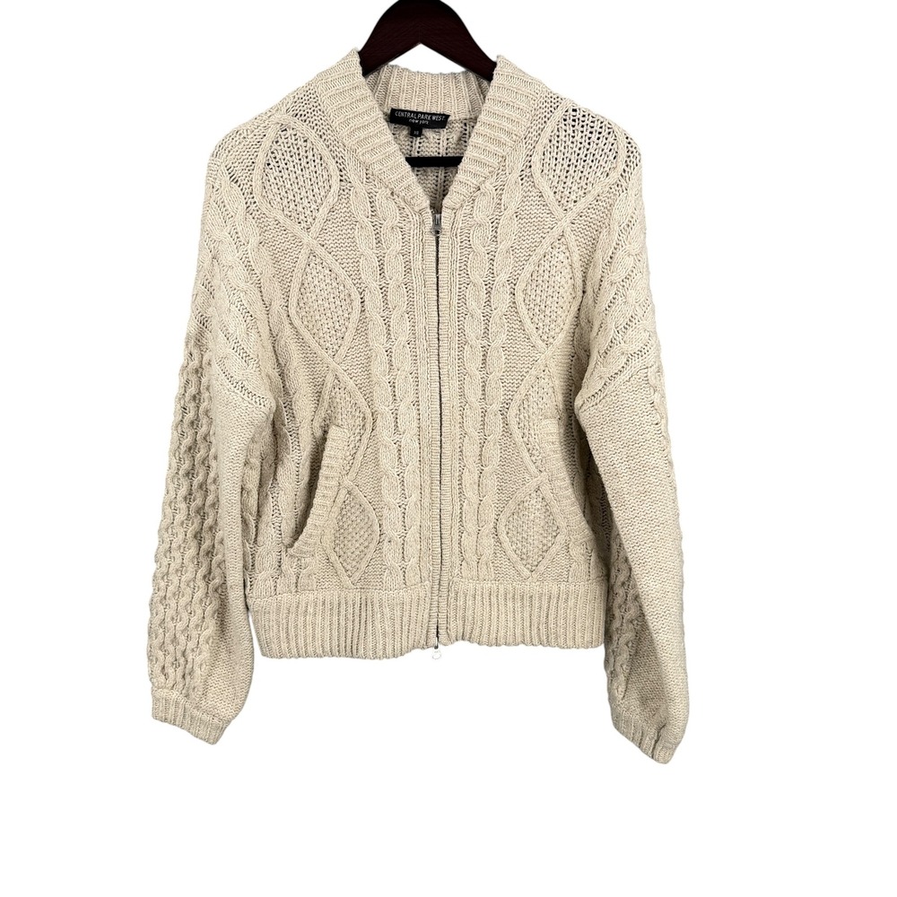 Central Park West Bomber Sweater XS Cream Cable Knit Zip Up Pockets